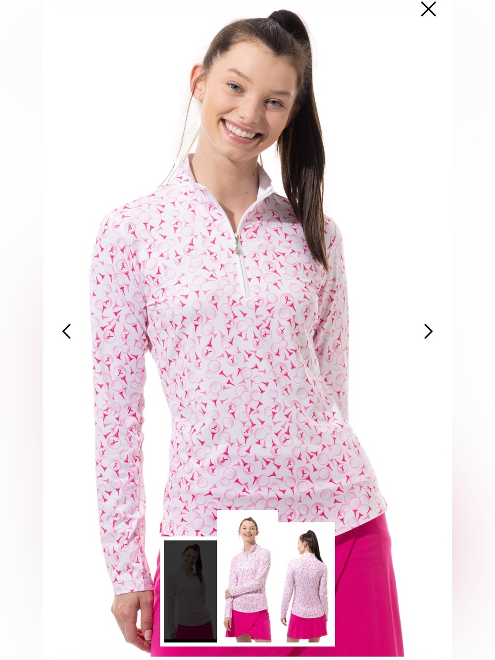 San Soleil Long-Sleeve Zip Sun Shirt- Pink Golf/Breast Cancer Print- Womens S